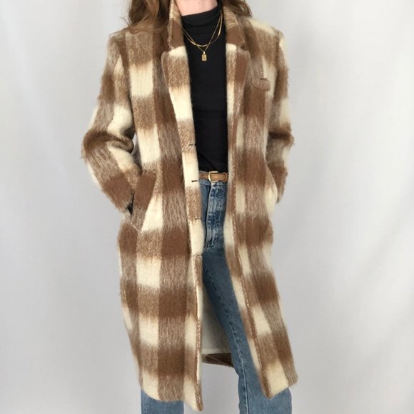 Stunning Vintage Plaid Mohair Wool Long Oversized Trench Shacket Jacket Pea Coat - Picture 4 of 10